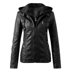 Women’s hooded synthetic leather motorcycle jacket with zipper, long sleeves, for autumn/winter outdoor wear