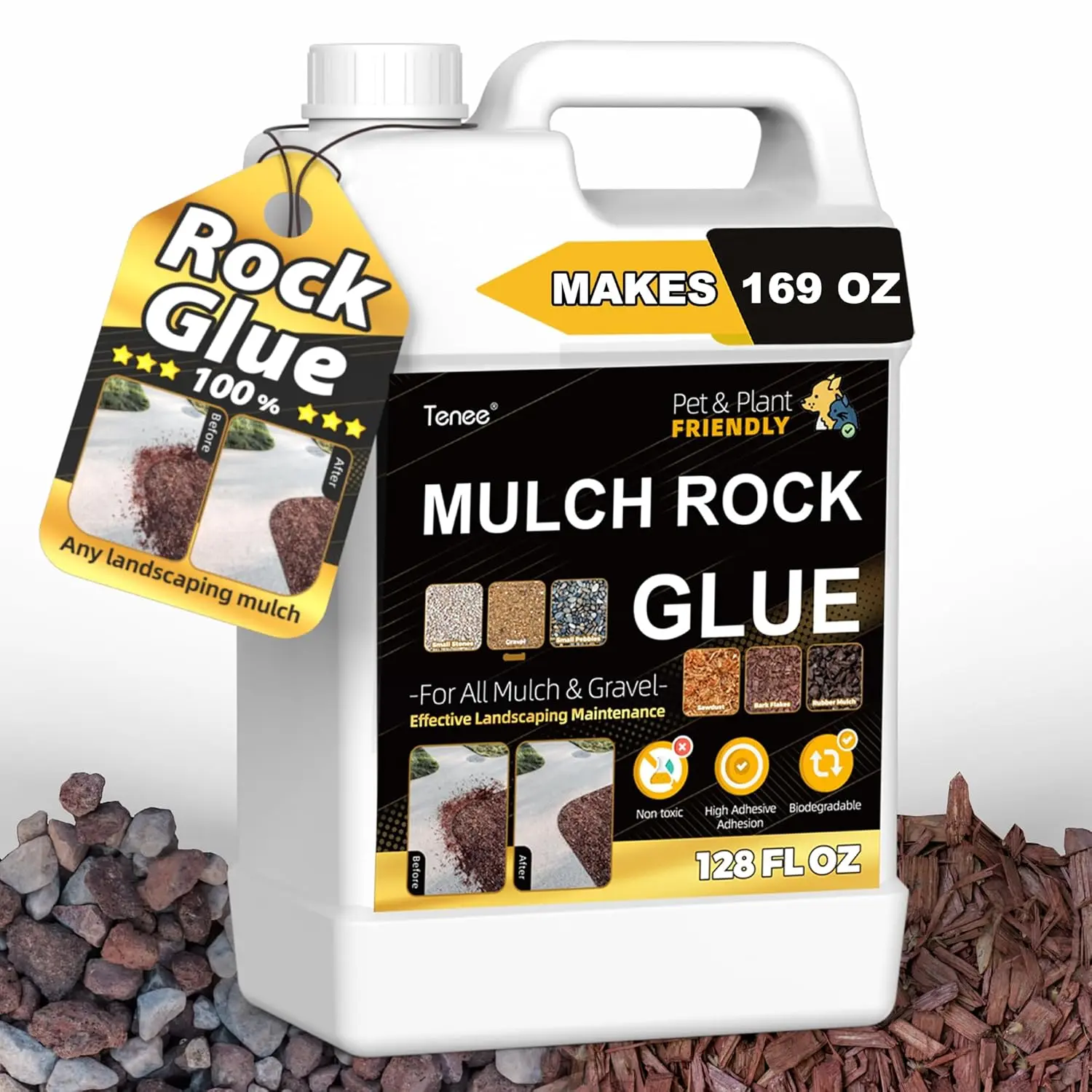169 oz Landscaping Rock & Mulch Glue - High Adhesive Adhesion Mulch Binding Binder, Waterproofing Long-Lasting & Durable Sticky Spray Adhesive for Rubber, Stone, Pebble Indoors/Outdoors Seasonal Maintenance