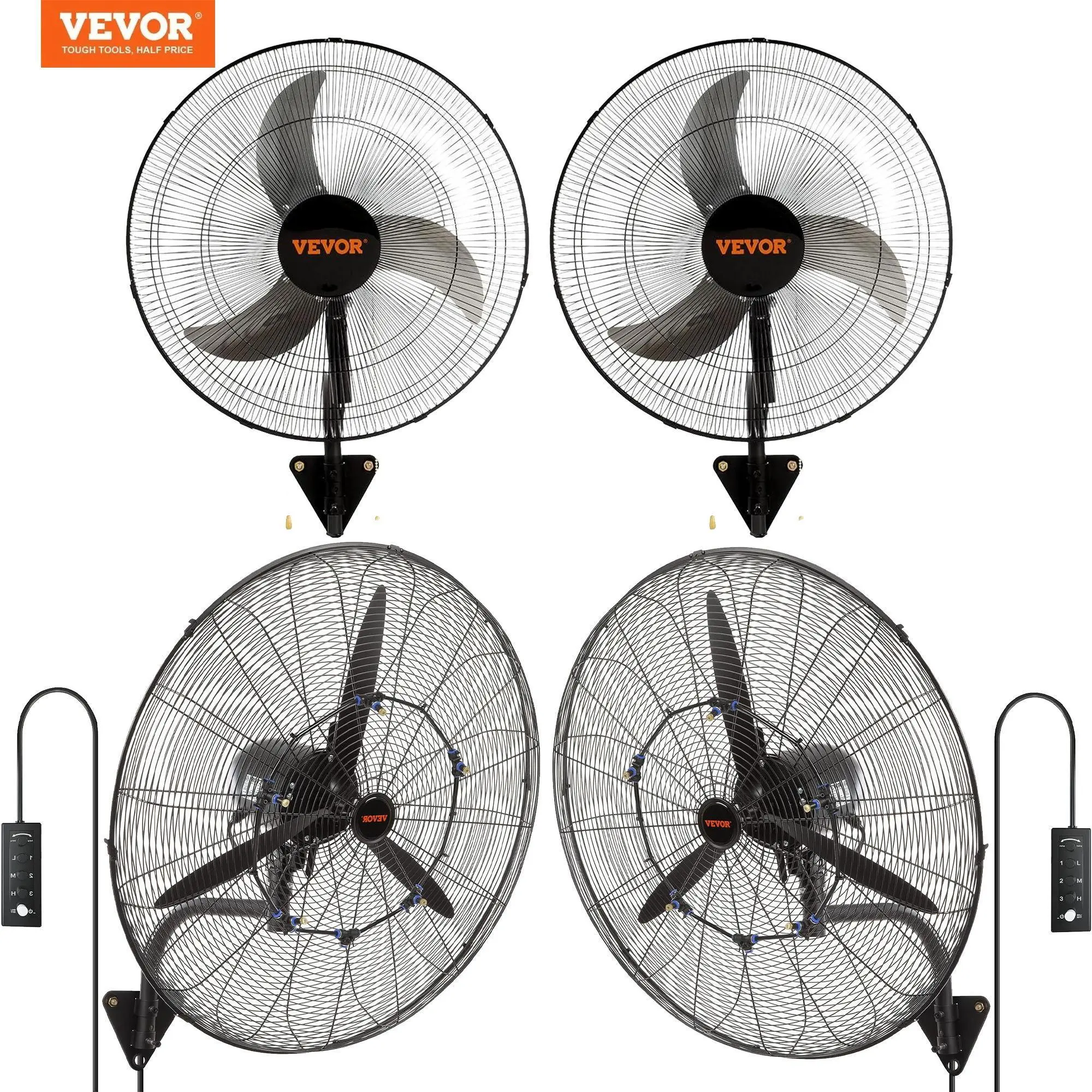 VEVOR 18/20/ In Wall Mount Fan with Mist,IP44-rated Protection, 3 Speed Oscillating Wall-Mounted Unit , Adjustable Rotation Angle, Powerful for Industry, Commercial, Garage, Workshop