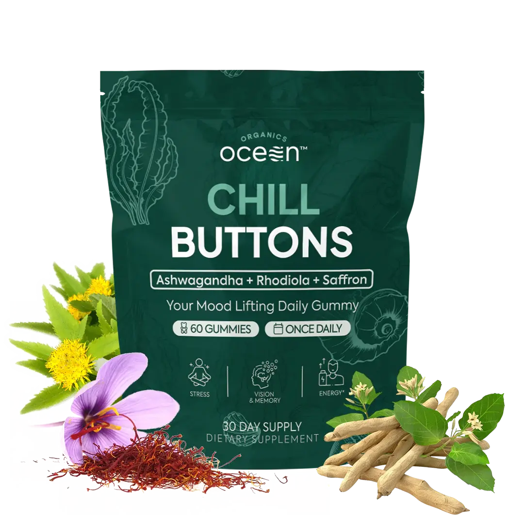 Organics Ocean Chill Buttons - Organic Ashwagandha Reduces Tension, Enhances Memory and Vision, and Brightens Mood - Contains Ashwagandha KSM-66, Rhodiola Rosea, and Organic Saffron