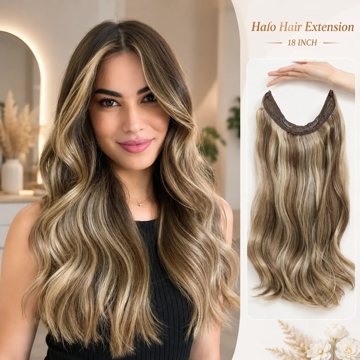 18 Inch Invisible Wire Hair Extensions, Fluffy Wavy Halo Style Extensions With 2 Adjustable Clips, Soft Transparent Lace, Natural Long Wavy Extensions, Suitable For Women - Light Brown With Golden Highlights