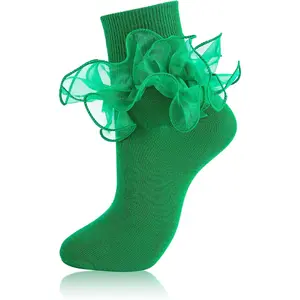 Women Big Ruffle Ankle Socks Adult Double Lace Frilly Socks Fold Cuff Cotton Ruffled Dress Crew Bobby Bride Sock