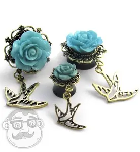 Blue Rosebud & Swallow Dangle Plugs