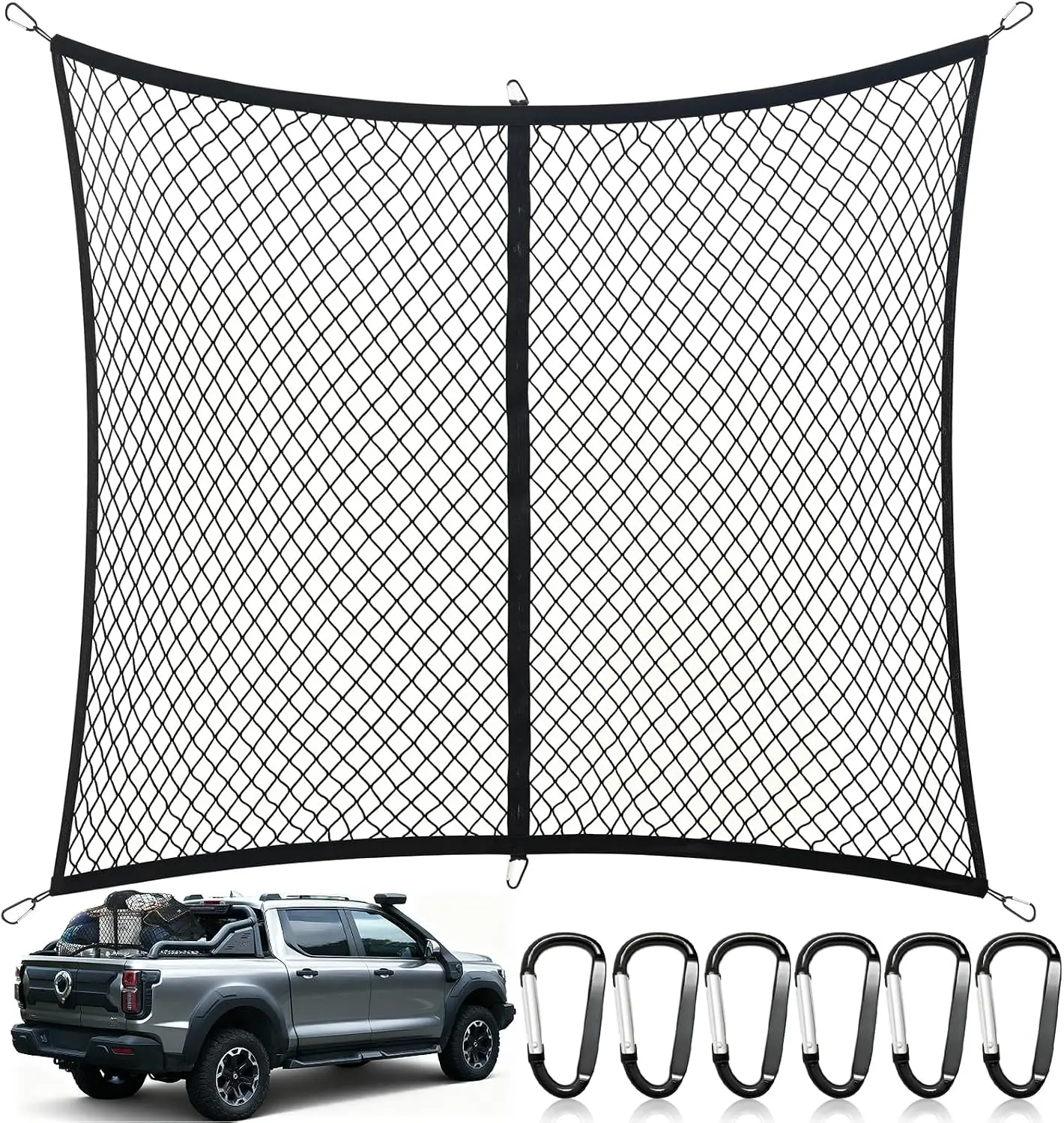 Universal Stretch Elastic Pickup Truck Bed Cargo Net with 6 Metal Carabiners, Lightweight Tear-Resistant Storage Mesh Organizer for Transport, Fishing, Daily Errands – Fits Pickup Trucks, Vans, SUVs
