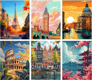 6 Pack Stamped Cross Stitch Kits for Adults - Cross Stitch Kits for Beginners,11 CT Famous Cityscape Cross Stitch Patterns Dimensions DIY Counted Cross Stitch Kits for Adults Arts Craft 12x16 inch