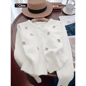 Elegant cherry embroidered pearl button long sleeved sweater, autumn and winter fit casual knitted cardigan, multifunctional medium fabric