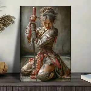 1 Piece with Frame 2D/Flat Retro Samurai Girl Canvas Poster, Japanese Geisha Bushido Swordsmanship Print, Suitable for Home, Office, Living Room, Kitchen, Bedroom, Cafe Decorative Art Poster
