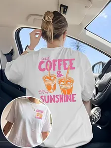 Women's "Iced Coffee & Sunshine" Graphic Short Sleeve Oversized Casual T-Shirt, Front & Back Print, Everyday Tops, Breathable | #CoffeeTee #SummerTee #OversizedTShirt