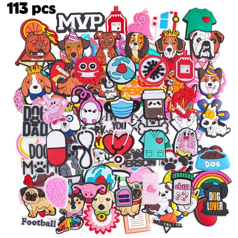 113PCS Pet Nurse PVC Shoe Charms Mixed 30 Heart Nurse's Day +33 Puppy Dog +50 Random Style 2, Cute Dogs, Medical Icons & Heart Slogan Graphics, Flexible PVC Charms for Clogs Sandals DIY, Nice Daily Decor & Party Gifts for Animal & Medical Lovers