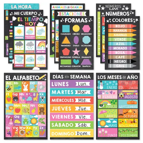 Hadley Designs 12-Piece Bright Attention-Grabbing Spanish Bilingual Chalk Posters (11x17in Thick Cardstock), Laminated Office Stationery & Art Supplies, Preschool Teaching Decor for Cultural Diversity, Office Art Supplies, School Study Supplies