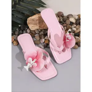 Women's Fashionable Flower Decorated Pink Boho Style Slides Sandals, Casual Comfortable Flat Sandals for Summer, Lightweight Breathable Shoes for Daily Wear, Girl, Footwear