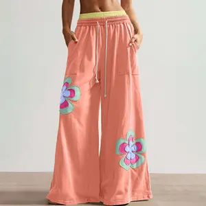 Color Block Flower Patchwork Drawstring Contrasted Elastic Waist Wide Leg Pants
