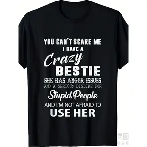 Funny Bestie BFF Friendship T-Shirt - "Crazy Bestie" Slogan Graphic Tee for Women & Men - 220gsm Heavyweight Crew Neck Retro Unisex Shirt (S-XXL) - Funny Best Friend Gift for Halloween, Music Festivals & Casual Attire - Sarcastic Humor Apparel with