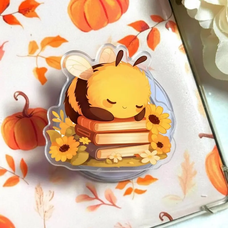 Kawaii Bee on Books Magsafe Phone Grip, Bookish Aesthetic Phone Holder, eReader Gift