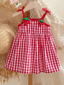 Baby Girl Dress Simple Strap Plaid Casual Toddler Skirt Strawberry Decoration Cute Strap Dress, Stylish & Comfortable Design Baby Girl Clothes