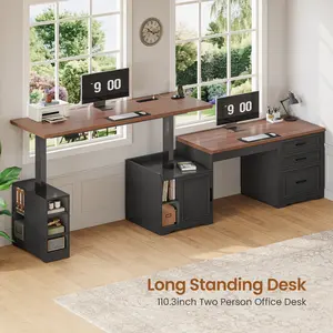 SEDETA Farmhouse L Shaped Electric Standing Desk, 63" x 67" Height Adjustable Home Office Executive Desk with Drawers and Shelves, Standing Computer Desks with Power Outlet for Home Office