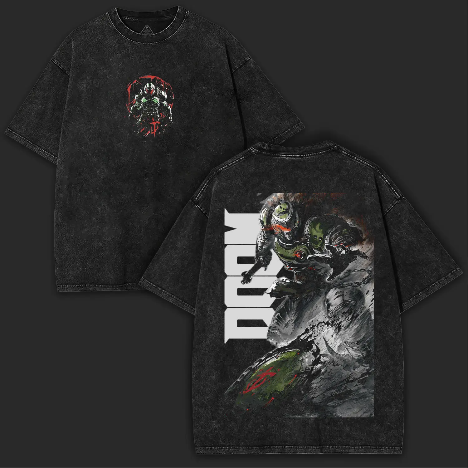 Doom Slayer Oversized Washed Tee – Heavy Cotton Double Printed Graphic Shirt | Collector Merch for Real FPS Fans