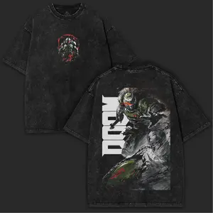 Doom Slayer Oversized Washed Tee – Heavy Cotton Double Printed Graphic Shirt | Collector Merch for Real FPS Fans