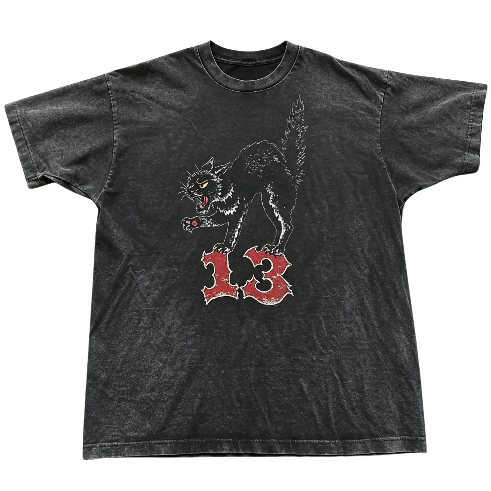 Hissing black cat standing on the lucky number 13 graphic T-shirt, unisex streetwear style, a must-have for rock music fans, retro grunge T-shirt, gothic style clothing.