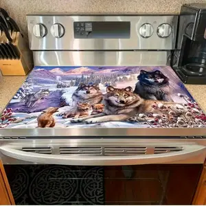 Winter Wolf Family 2D Flat Stove Top Cover, Heat Resistant Scratch Proof Stove Protector, Easy Clean Multi-Use Mat for Stoves, Oven, Washer Dryer, Rustic Cabin Kitchen Decor #WolfFamilyPrint #WinterWildlife #StoveProtector #HeatResistant #EasyClean
