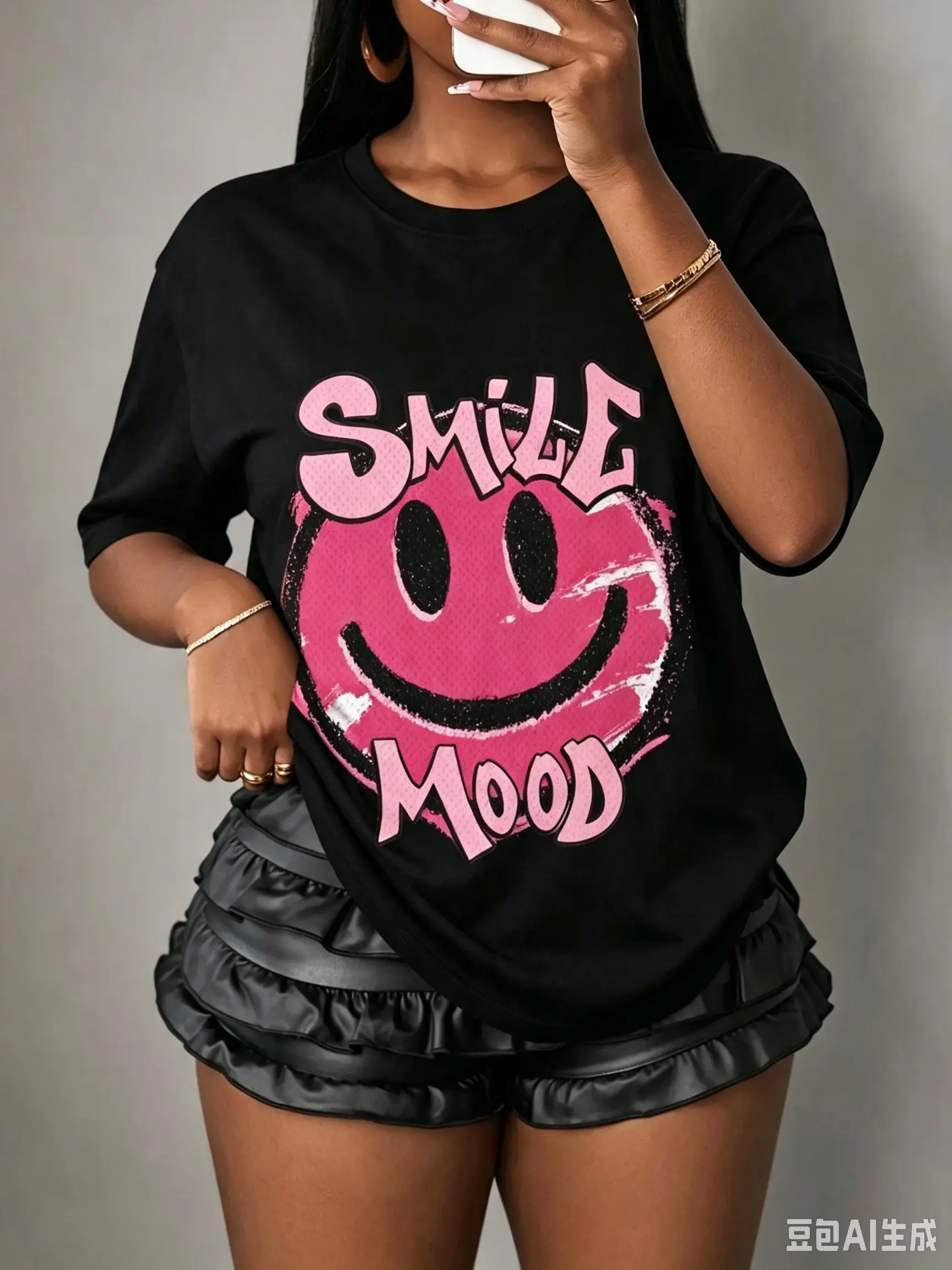 Women's Summer Casual Short Sleeve T-Shirt, Smiley Face Print, American Vintage Crew Neck Printed Tee, Street & Festival Sportswear, Casual Athletic Top