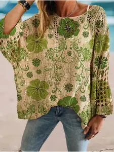 Women's Floral Print Long Sleeve Knit Top, Casual Elegant Chic Vacation Style Sweater Knitwear, Loose Batwing Shoulders, Spring & Fall Fashion