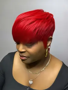 Human Hair Wig Short Straight Pixie Cut with Bangs Red Color Machine-Made Full Hair Wig for Daily Wear