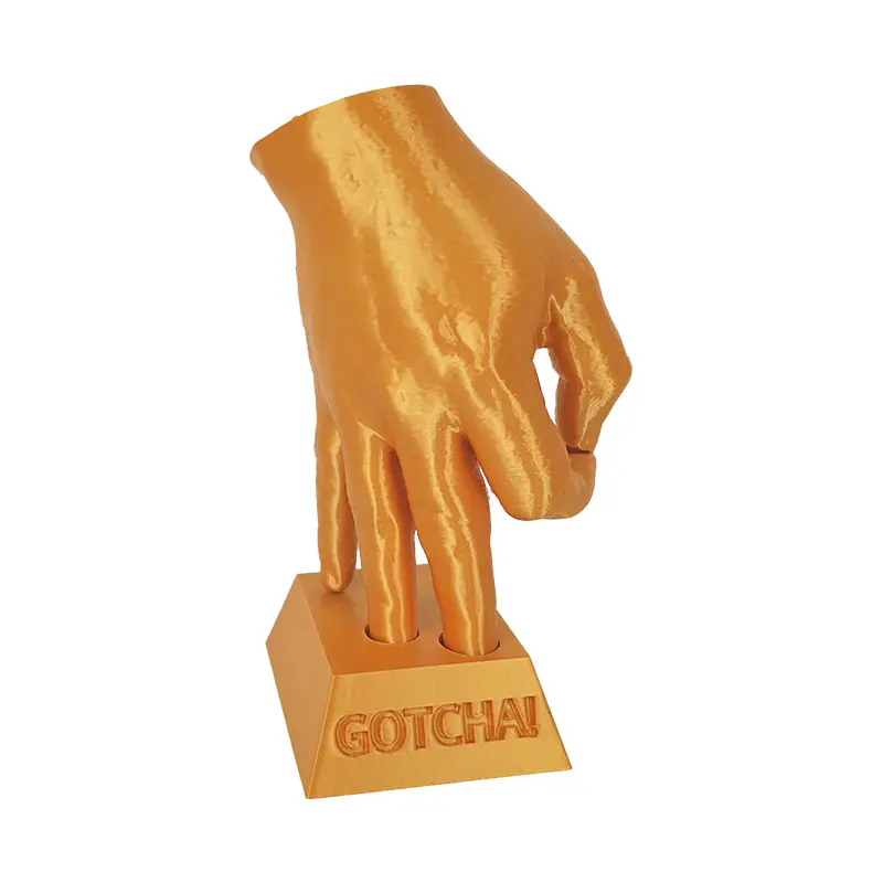 Gotcha Meme 3D Printed Gold Hand Statue Figurine - Desktop Statue with 'GOTCHA!' Base, Model Ornament, Tabletop Decor, Decorative Ornaments for Colleague Gift