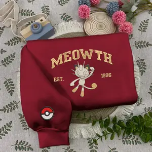 Meowth Embroidered Sweatshirt, Pokemon Matching Emdroidery Sweatshirt, Full PKM Characters Collection Pullover Cotton Sweatshirt, Trendy Unisex Crewneck Sweater For Men And Women, Gamer Gifts