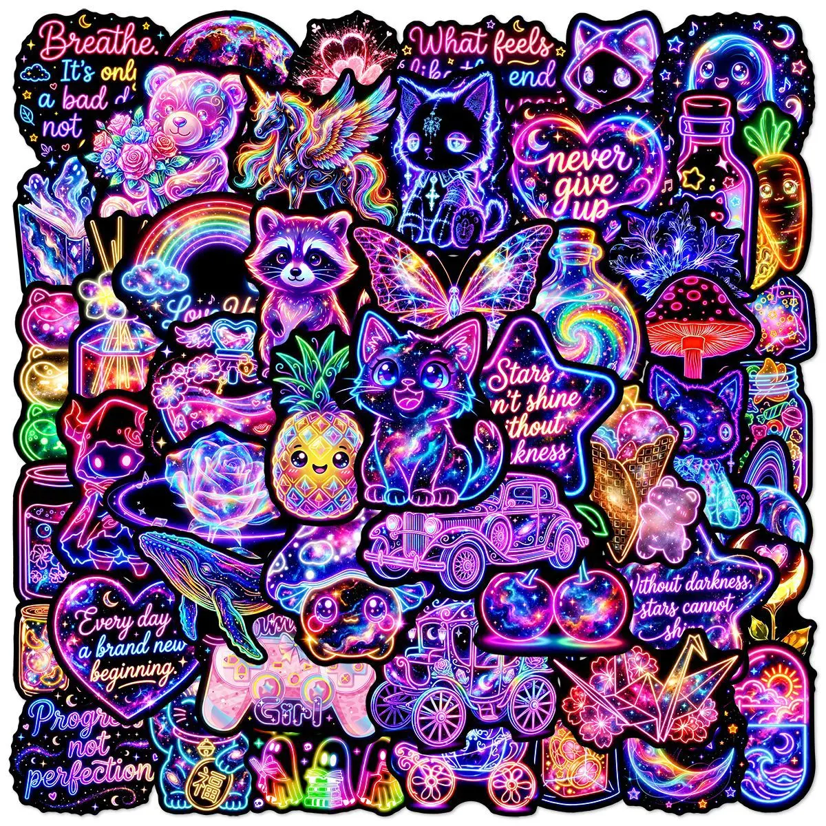 50pcs Cool Neon Sticker Series, Office Supplies and Notebook Accessories, Suitable for Scrapbooks, Diaries, Laptops, Water Bottles, Cars, Etc., Based on A Design Inspired By Faith.