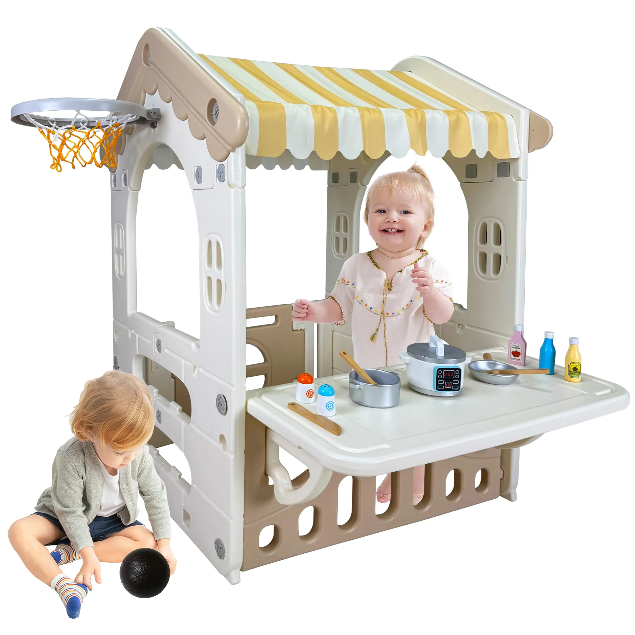 Unisex Rectangular Kids Cottage Playhouse (41.3"x31.4"x29"), 1+ Years Indoor-Outdoor Durable Plastic Backyard Playset with Working Doors, Worktop, Basketball Hoop for Children Development