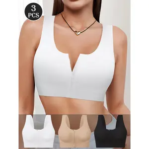 QUASTI 3PCS Women's Wireless Front Zipper Sports Bras, Seamless Breathable Push Up Bralettes, Soft Stretch Cup-Lifting Support Underwear, Lightweight Solid Color Everyday Active Lingerie Set, M-XXL