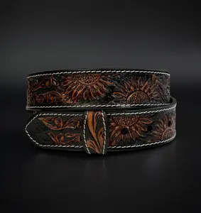 Black Sunflower Full Grain Genuine Leather Belt Tooled Embossed Men's Cowboy Belt Buckle Belt Strap 1.5" Rodeo Snap-On Belt With Buckle
