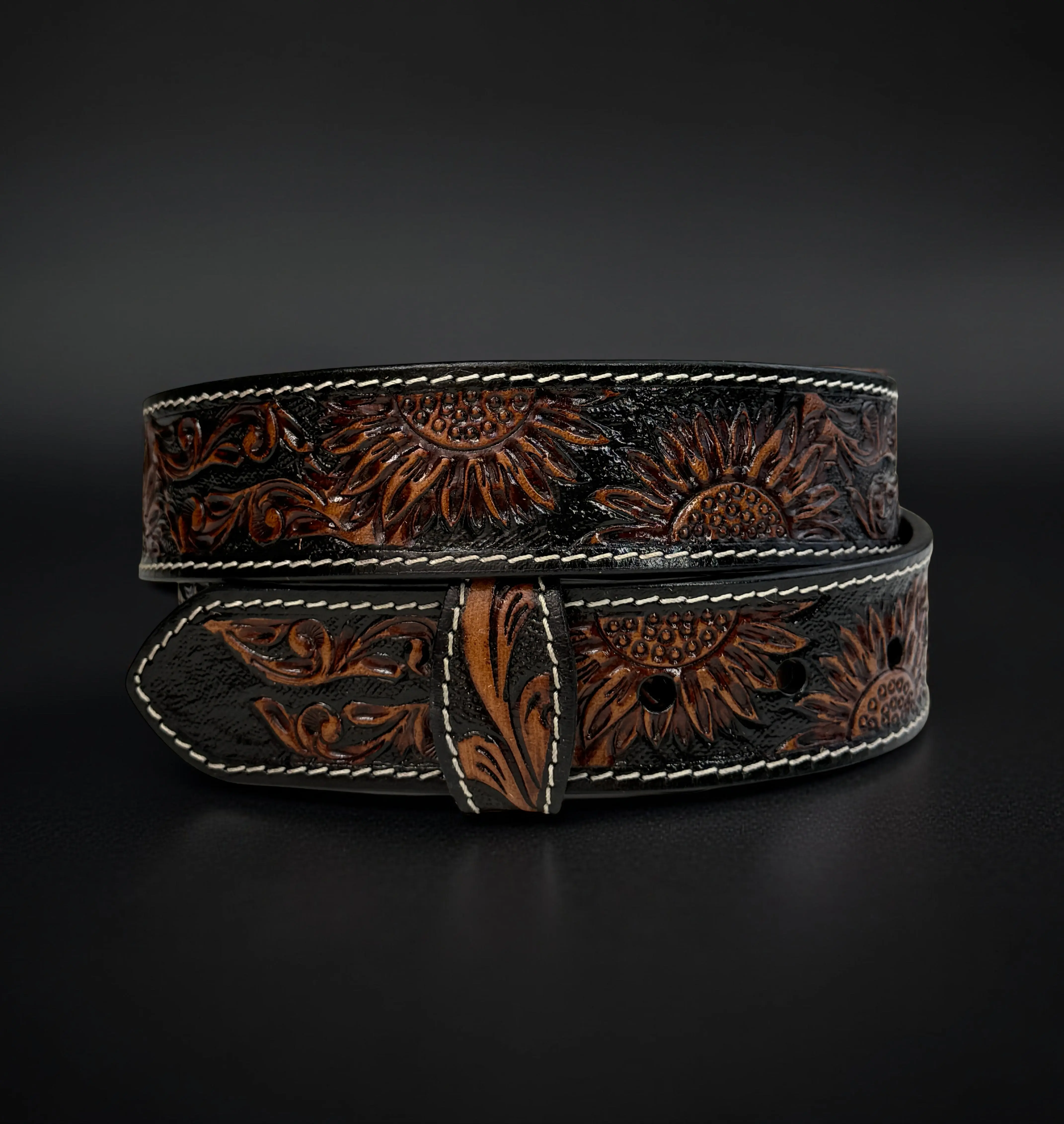 Black Sunflower Full Grain Genuine Leather Belt Tooled Embossed Men's Cowboy Belt Buckle Belt Strap 1.5" Rodeo Snap-On Belt With Buckle