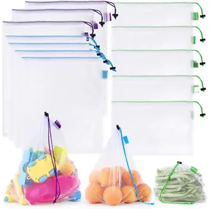 12 Heavy Duty Reusable Mesh Produce Bags, Barcode Scanable See Through Food Safe Mesh Bags with Drawstring for Fruits, Vegetable, Food, Toys, Grocery Storage, Large Medium Small Organiser Plastic