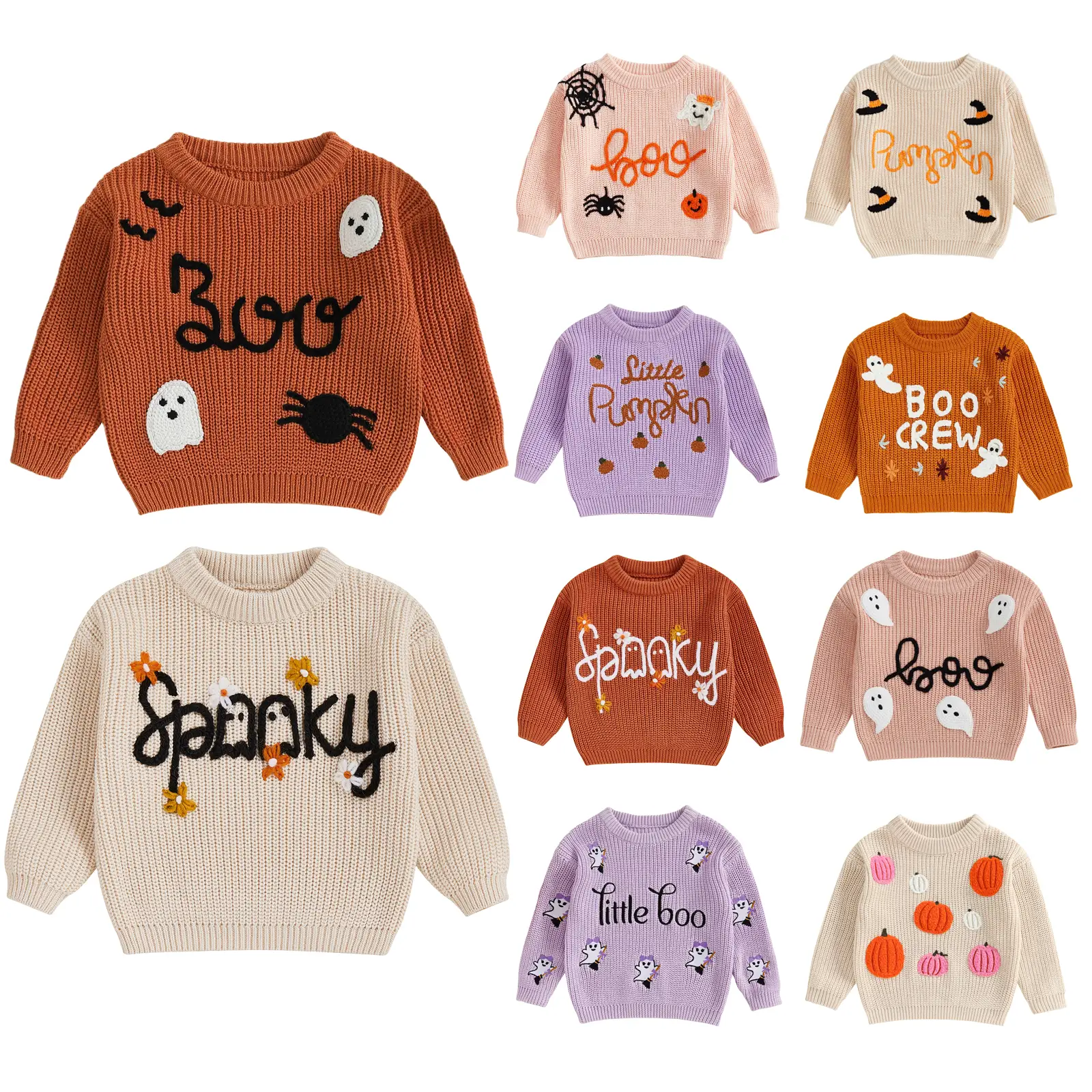 Toddler Girl Ghost Halloween Sweater Embroidery Oversized Long Sleeve Crewneck Pullover Sweaters Baby Spooky Outfit(0-5T)