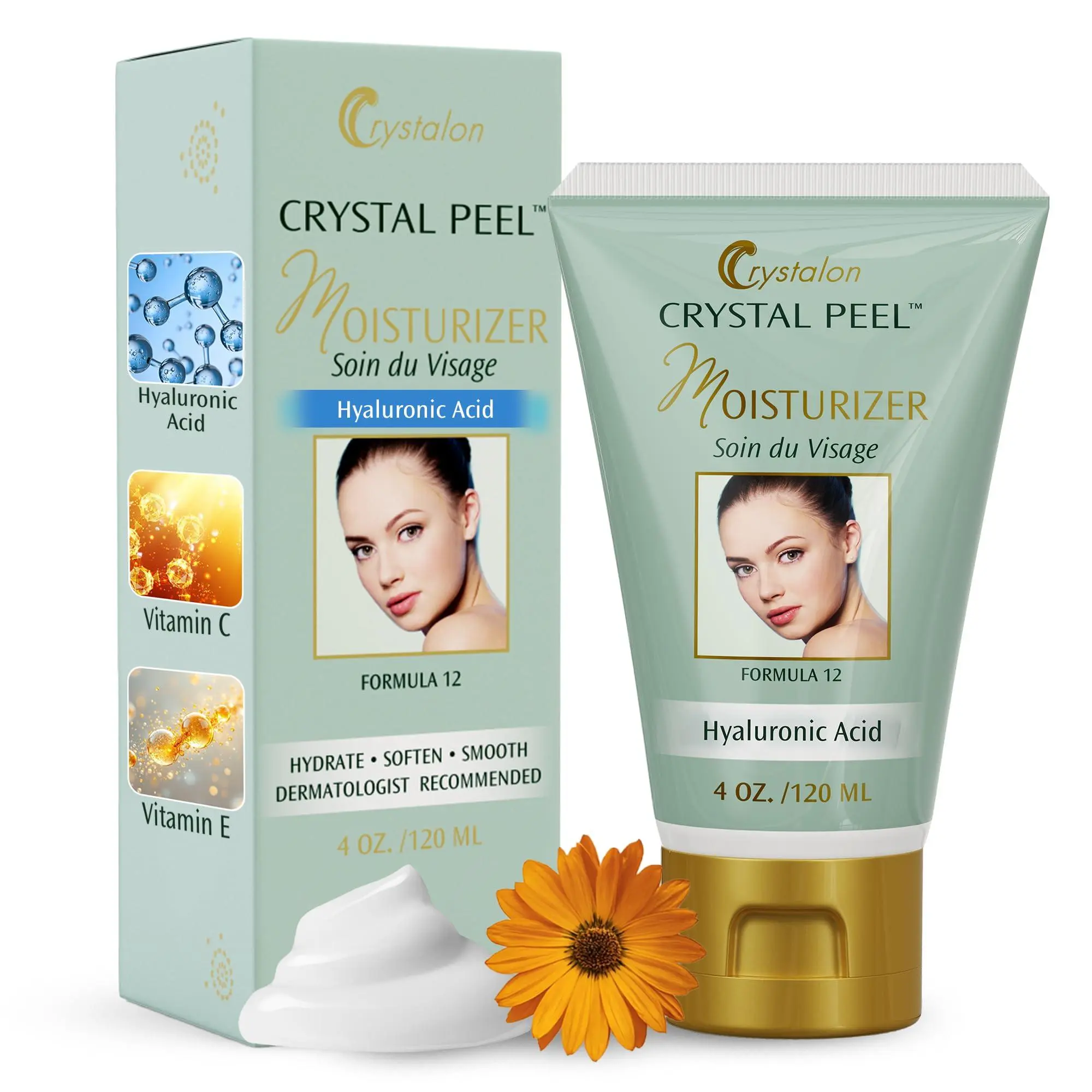 Crystal Peel Hyaluronic Acid Face Moisturizer Formula 12 – Daily Hydrating Face Cream with Vitamins A, C & E for Dry, Sensitive & Combination Skin – 4 oz