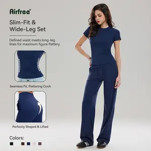 Airfree Women's 2-Piece Gym Workout Set - Seamless Shaping High-Waisted Straight Leg Pants & Crew Neck Tee, Breathable Quick-Dry Athleisure Clothes for Yoga, Running, Daily Wear (Inseam 30", 32.5"), Gym Workout Women