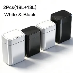 2 Pack Smart Trash Can (19L + 13L), Bathroom Accessory, Bathroom Garbage Can, Motion Sensor Automatic Waste Bin, Quiet Soft Close Odor Proof Design, Slim Plastic Body, Black White, For Kitchen Bathroom Office, 2 AA Battery Powered (Not Included)