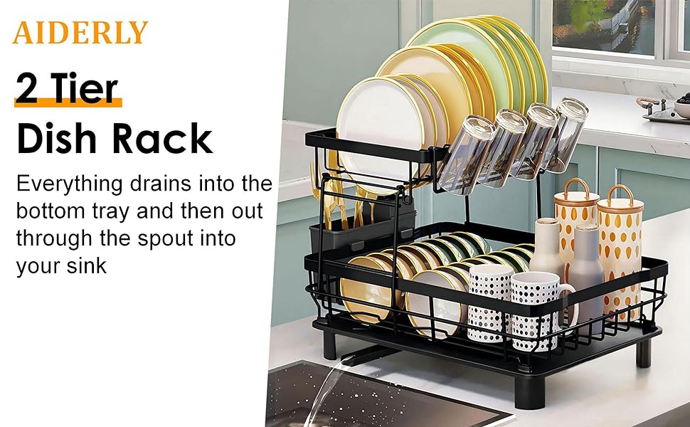 2 Tier Dish Drying Rack with Drainboard Adjustable Spout Utensil Holder and Knife Slots,Space-saving,Suitable for kitchen countertops,Keeps countertops clean and tidy,Easy to install,Beautifully crafted,Rotatable drainage system,Disassembleable