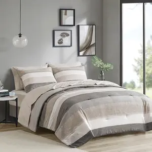 Madison Park Essentials MPE10-1036 68 x 86 x 1.5 in. Jaxon Stripe Comforter Set with Bed Sheets, Taupe & Grey - Twin Size