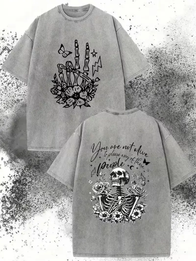 Men's Vintage Distressed Washed Cotton T-Shirt - Gothic Skeleton Flower & Text Design, Loose Fit Casual Round Neck Tee, Dark Aesthetic for Daily Wear, Parties, Year-Round Comfortable Edgy Style