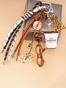 A Keychain With American Retro And Coffee Lifestyle, Brown Coffee Color & Leopard Print, Mini Fabric Coffee Cups, Transparent Iridescent Beads, Hearts, Keychain Bag Pendant, Valentine's Day, Bag Charm, Bag Decoration, Keychain