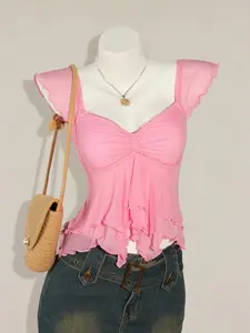 Women's Ruched Front Fitted Sexy Mesh Patchwork Cap Sleeve Backless Casual Vacation Cropped Tank Top