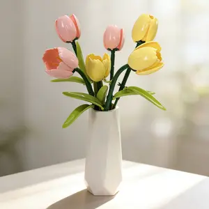 Handmade Tulip Preserved Flower Set with Vase, Eco-Friendly DIY Building Block Kit, Adjustable Floral Arrangement, Home Art Decor