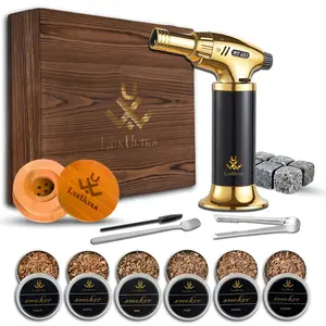 LuxUtra Whiskey Smoker Kit with Precision Torch 6 Wood Chip Flavors Reusable Ice Cubes Starter Bar Accessory Set for Smoked Cocktails Classic Bakeware Wooden Packaging Glassware ,  Bourbon Whiskey Cocktail Smoking Kit