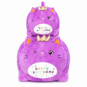 CHUBBYJOY Purple Birthday Cat Plush Pillow,  9Inch 15Inch Cute Winking Cat Stuffed Animal with Crown, Happy Birthday Cat Plush Toy, Soft Cat Cuddle Pillow for Kids Girls Birthday Gift, Room Decor