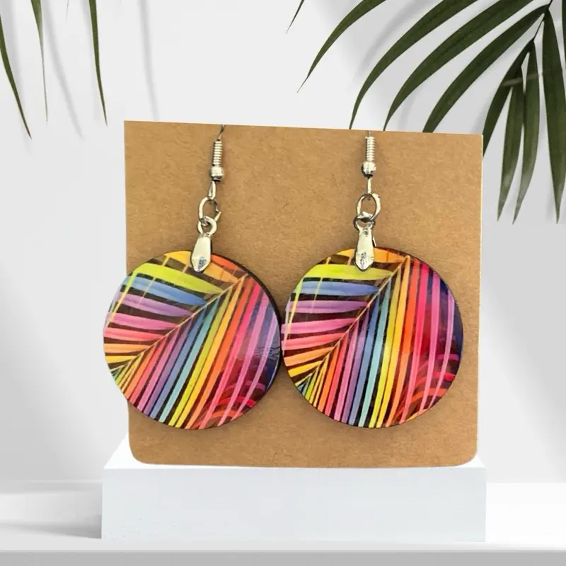 Mommamels Creations Sublimation MDF Circle Earrings - Vivid Rainbow Leaf Design, 1.5-Inch Unisex, Sterling Silver Hooks, Made for Women