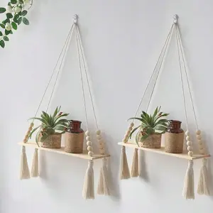 Wooden Wall Hanging Shelf, 2 Counts Boho Style Decor Hanging Rack, Floating Shelves for Home Bedroom Living Room Decor