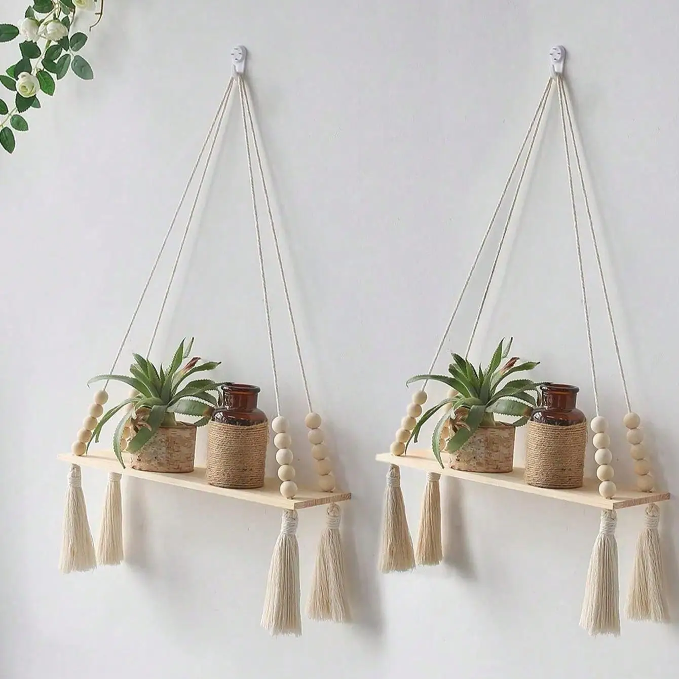 Wooden Wall Hanging Shelf, 2 Counts Boho Style Decor Hanging Rack, Floating Shelves for Home Bedroom Living Room Decor